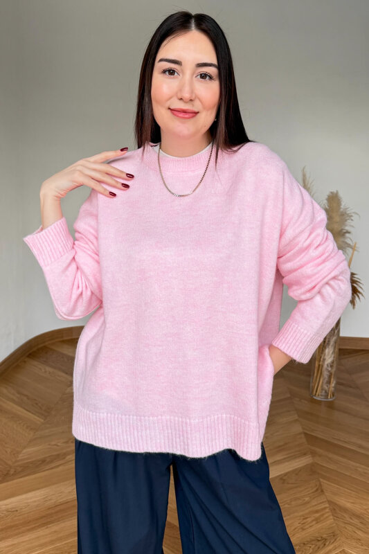 TRK-5326 Toz Pembe Yumoş Dokulu Oversize Triko Kazak - 3
