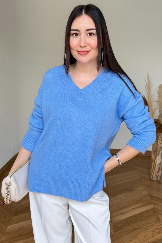 TRK-5327 Mavi Yumoş Dokulu V Yaka Oversize Triko Kazak - 5