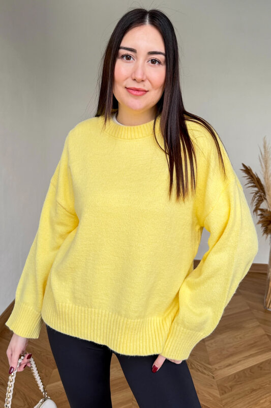 TRK-5328 Sarı Yumoş Dokulu Bisiklet Yaka Triko Kazak - 3