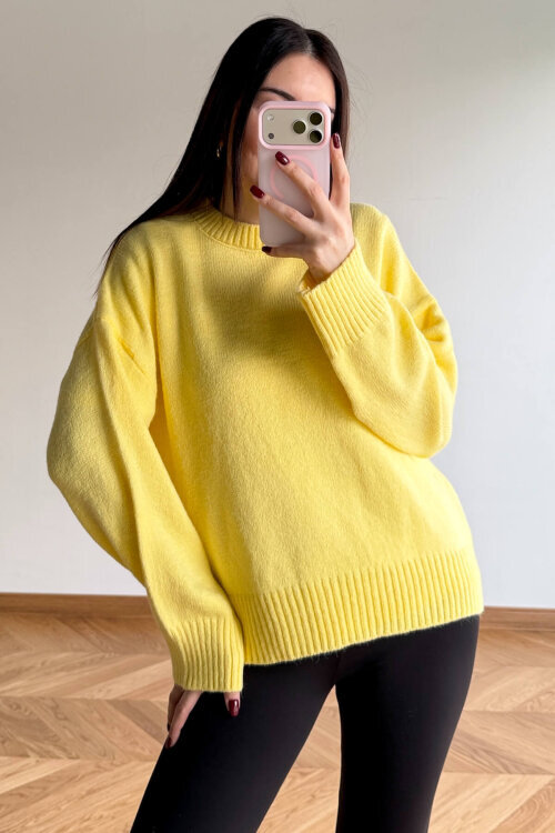 TRK-5328 Sarı Yumoş Dokulu Bisiklet Yaka Triko Kazak - 4