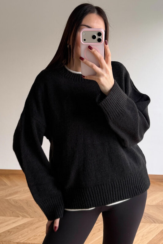 TRK-5328 Siyah Yumoş Dokulu Bisiklet Yaka Triko Kazak - 4