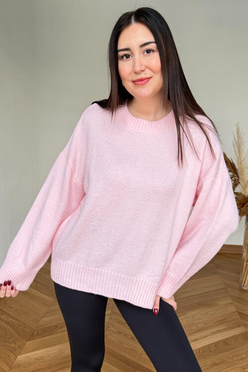 TRK-5328 Toz Pembe Yumoş Dokulu Bisiklet Yaka Triko Kazak 