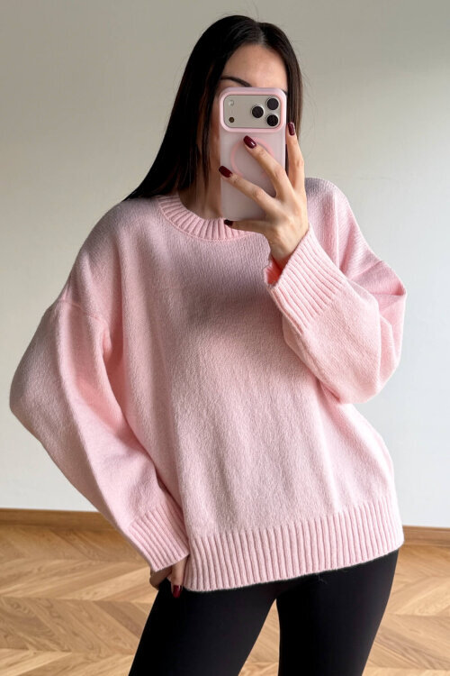 TRK-5328 Toz Pembe Yumoş Dokulu Bisiklet Yaka Triko Kazak - 3