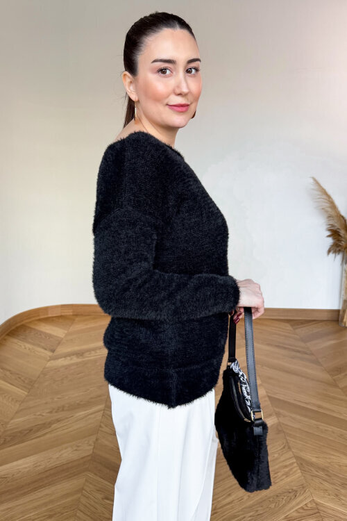 TRK-5329 Siyah Kayık Yaka Yumuşak Dokulu Sakallı Kazak - 3