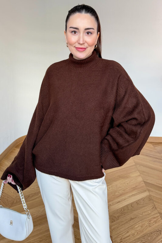 TRK-5330 Acı Kahve Yarım Balıkçı Yaka Yarasa Kol Kazak - 3