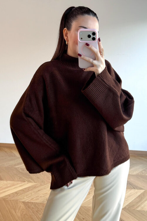 TRK-5330 Acı Kahve Yarım Balıkçı Yaka Yarasa Kol Kazak - 4