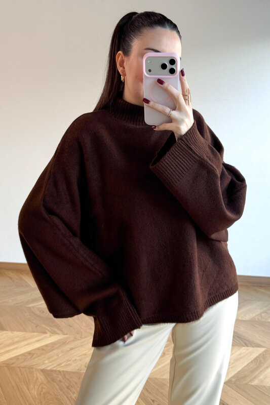 TRK-5330 Acı Kahve Yarım Balıkçı Yaka Yarasa Kol Kazak - 4