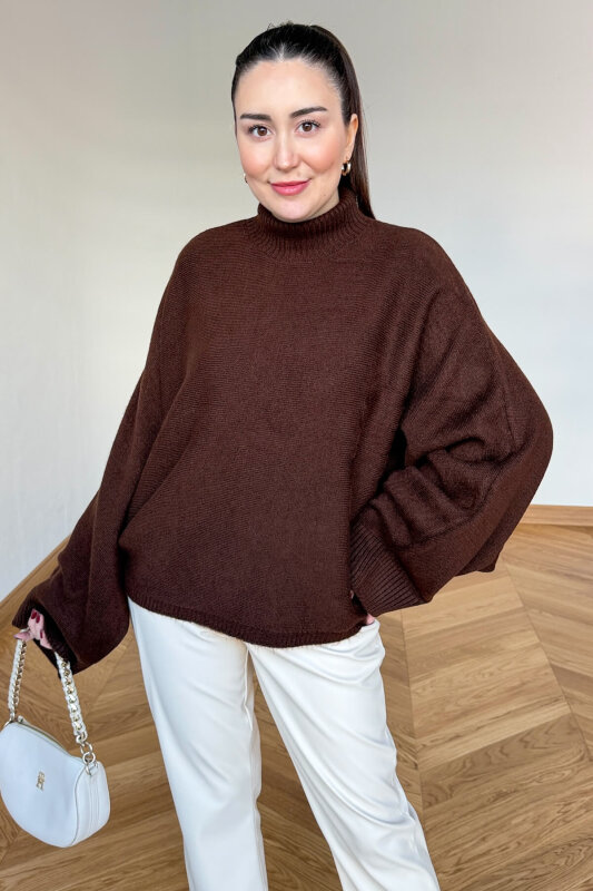 TRK-5330 Acı Kahve Yarım Balıkçı Yaka Yarasa Kol Kazak - 5