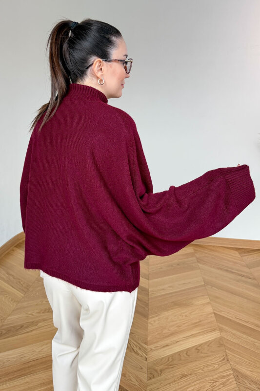 TRK-5330 Bordo Yarım Balıkçı Yaka Yarasa Kol Kazak - 3