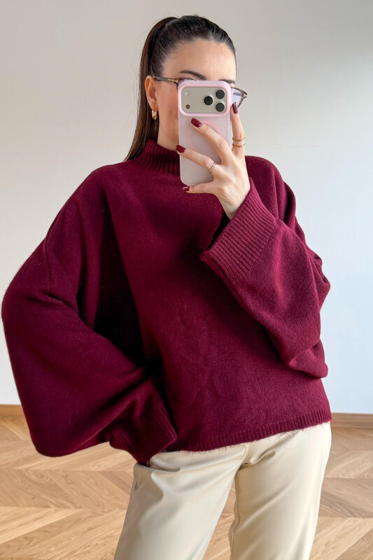 TRK-5330 Bordo Yarım Balıkçı Yaka Yarasa Kol Kazak - 4