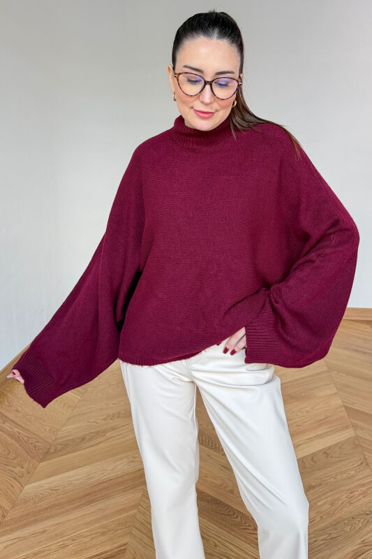 TRK-5330 Bordo Yarım Balıkçı Yaka Yarasa Kol Kazak - 2