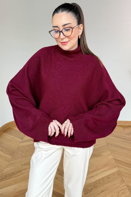 TRK-5330 Bordo Yarım Balıkçı Yaka Yarasa Kol Kazak - 1