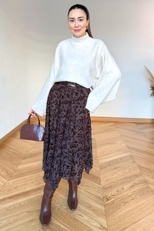 TRK-5330 Ekru Yarım Balıkçı Yaka Yarasa Kol Kazak  - 3