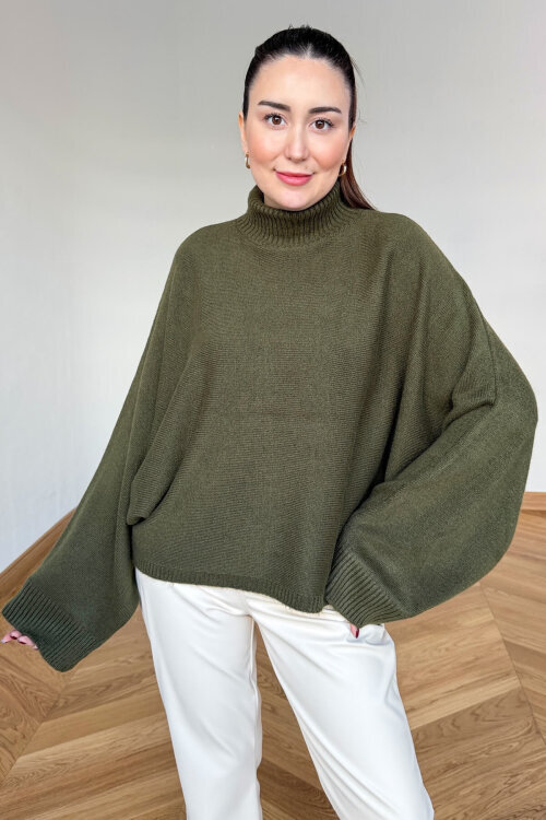 TRK-5330 Haki Yarım Balıkçı Yaka Yarasa Kol Kazak 