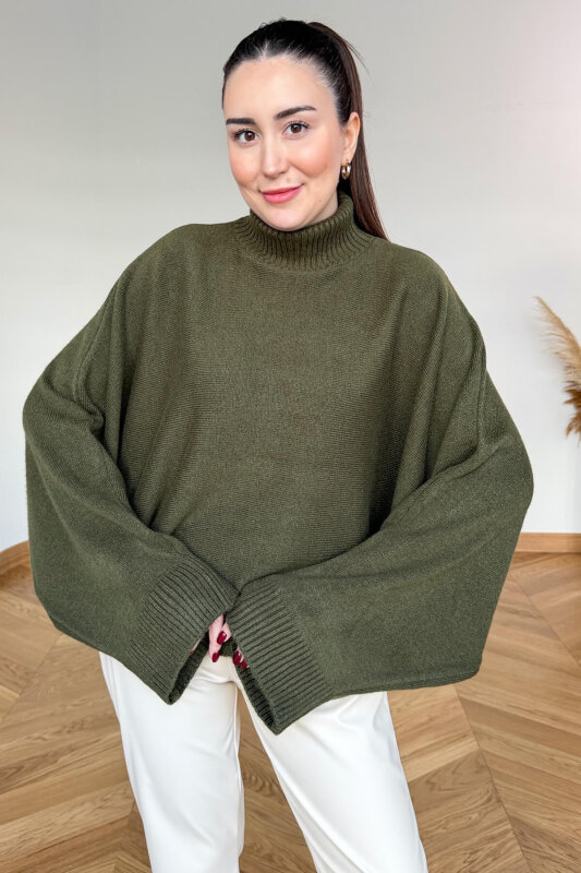 TRK-5330 Haki Yarım Balıkçı Yaka Yarasa Kol Kazak - 2