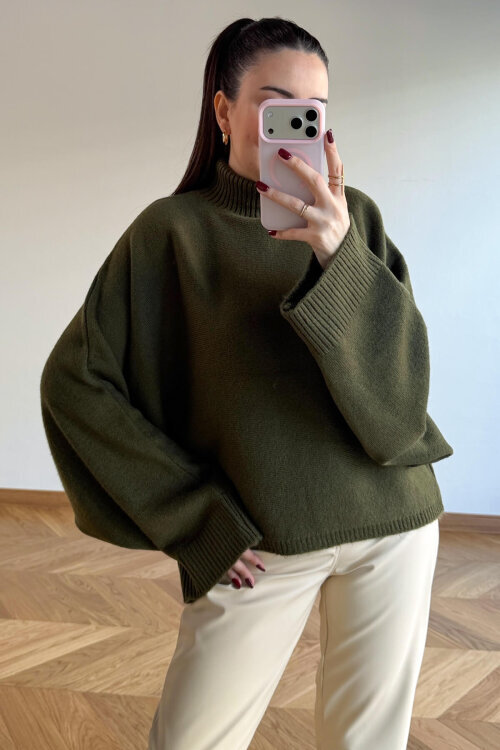 TRK-5330 Haki Yarım Balıkçı Yaka Yarasa Kol Kazak - 3