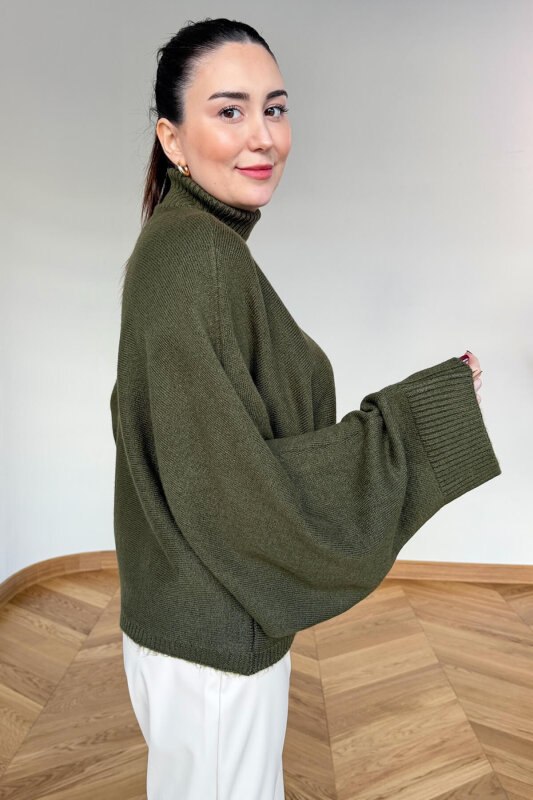 TRK-5330 Haki Yarım Balıkçı Yaka Yarasa Kol Kazak - 4