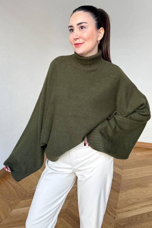 TRK-5330 Haki Yarım Balıkçı Yaka Yarasa Kol Kazak - 5