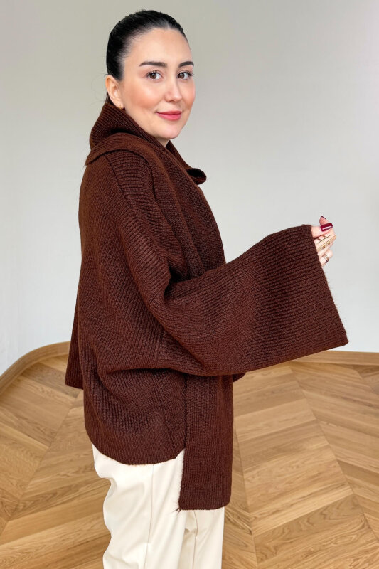 TRK-5331 Acı Kahve Kendinden Şallı V Yaka Fitilli Triko Kazak - 3