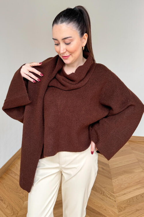 TRK-5331 Acı Kahve Kendinden Şallı V Yaka Fitilli Triko Kazak - 2