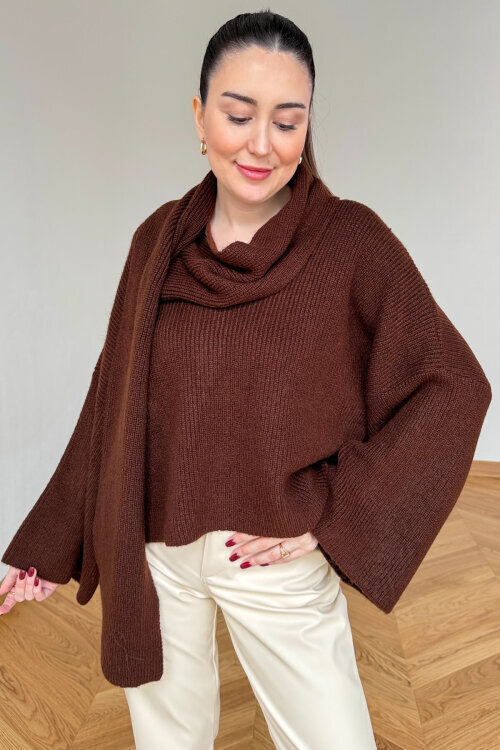 TRK-5331 Acı Kahve Kendinden Şallı V Yaka Fitilli Triko Kazak - 1