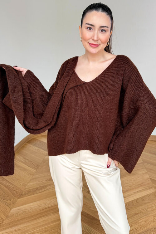TRK-5331 Acı Kahve Kendinden Şallı V Yaka Fitilli Triko Kazak - 4