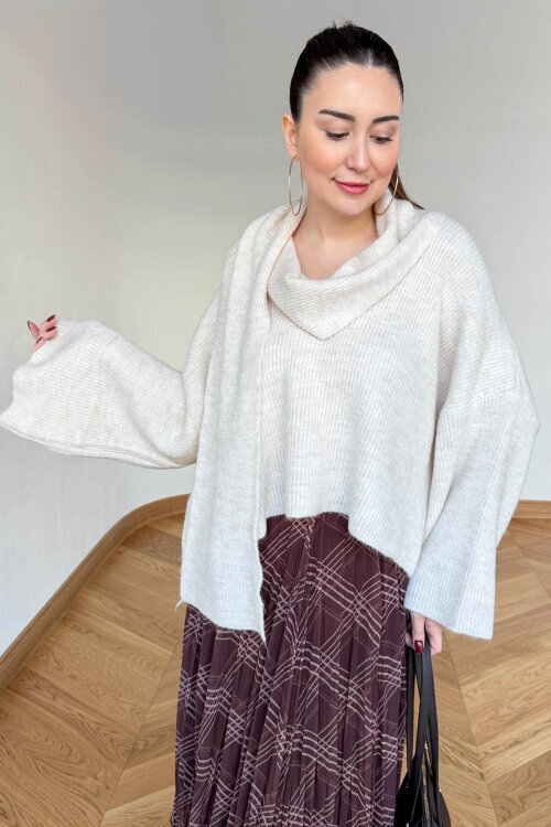 TRK-5331 Ekru Kendinden Şallı V Yaka Fitilli Triko Kazak - 3