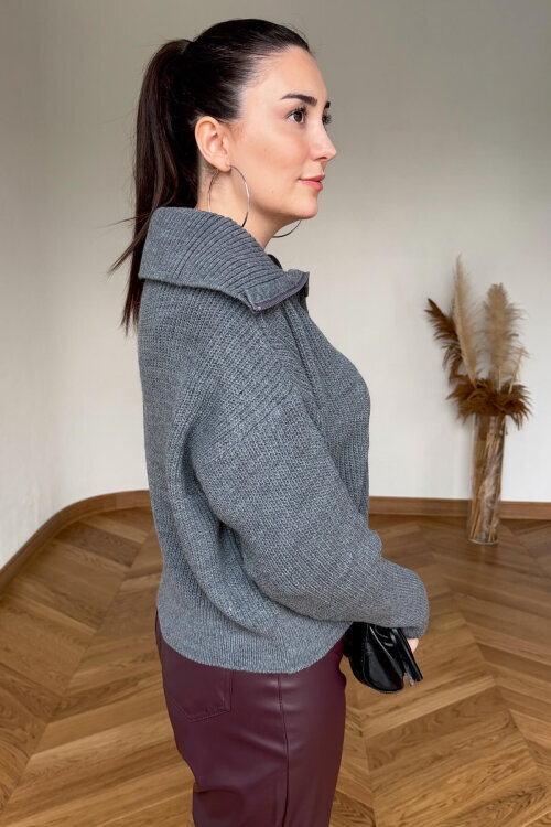 TRK-5562 Gri Fermuarlı Selanik Örme Hırka (1)