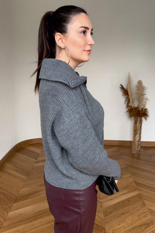 TRK-5562 Gri Fermuarlı Selanik Örme Hırka - 2