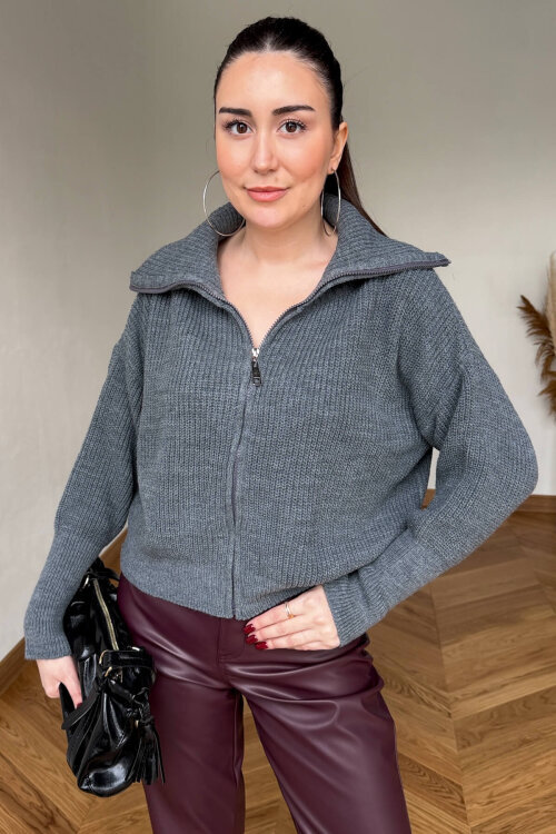 TRK-5562 Gri Fermuarlı Selanik Örme Hırka - 3