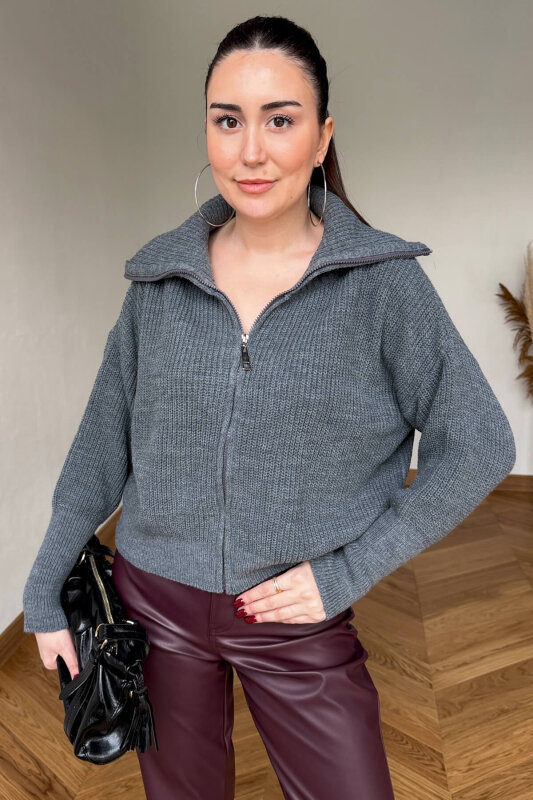 TRK-5562 Gri Fermuarlı Selanik Örme Hırka - 3