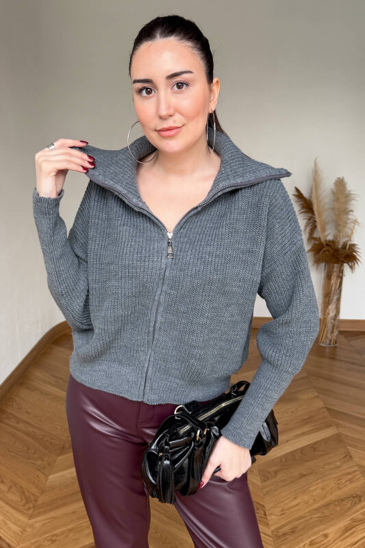 TRK-5562 Gri Fermuarlı Selanik Örme Hırka - 4