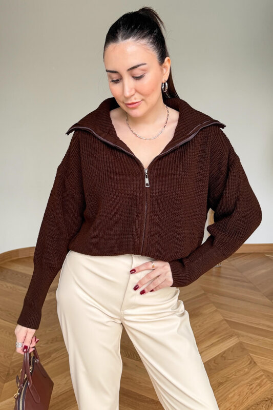 TRK-5562 Kahverengi Fermuarlı Selanik Örme Hırka - 1