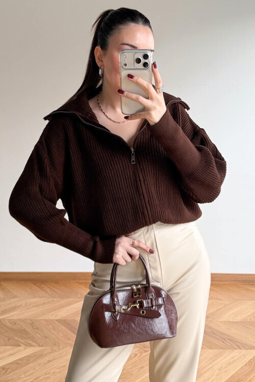 TRK-5562 Kahverengi Fermuarlı Selanik Örme Hırka - 4