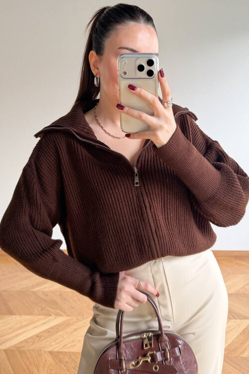 TRK-5562 Kahverengi Fermuarlı Selanik Örme Hırka - 5