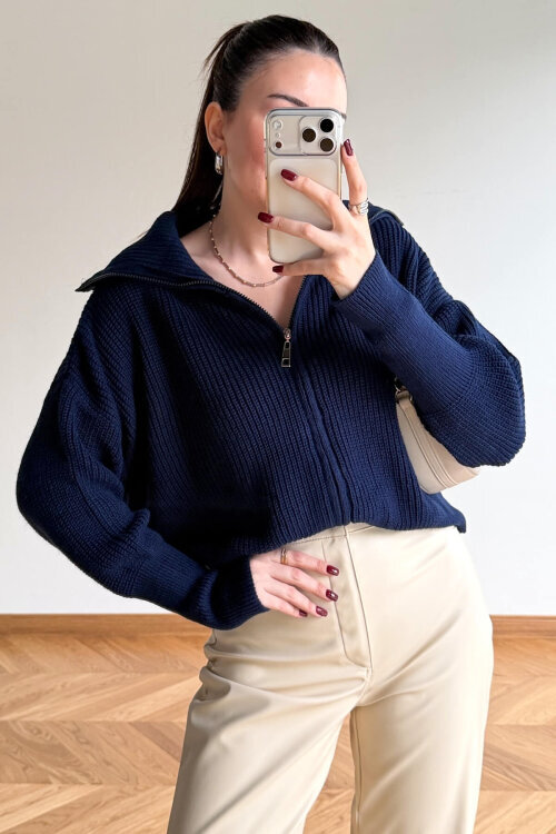 TRK-5562 Lacivert Fermuarlı Selanik Örme Hırka - 4