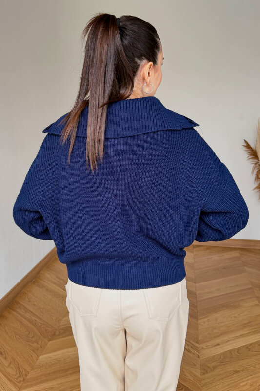 TRK-5562 Lacivert Fermuarlı Selanik Örme Hırka - 3