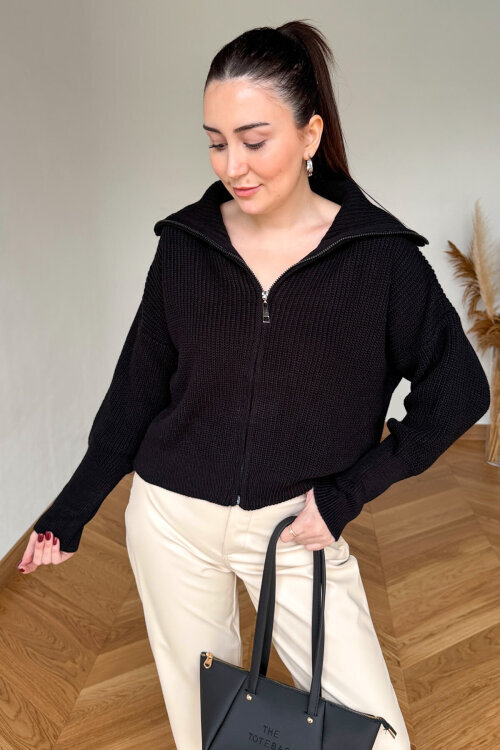 TRK-5562 Siyah Fermuarlı Selanik Örme Hırka