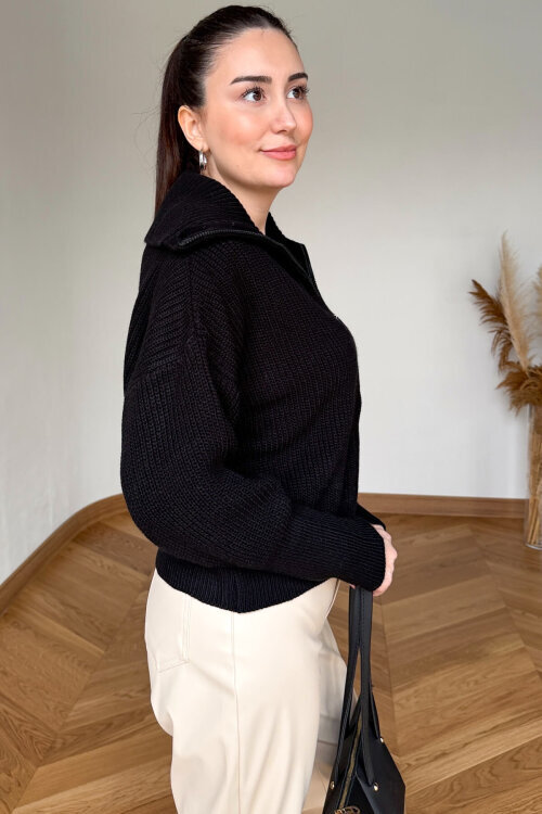 TRK-5562 Siyah Fermuarlı Selanik Örme Hırka - 3