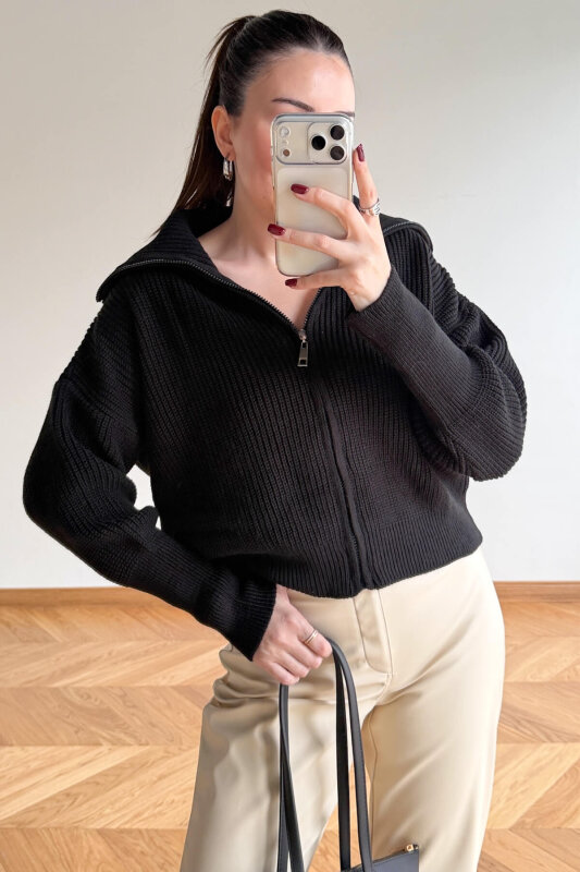 TRK-5562 Siyah Fermuarlı Selanik Örme Hırka - 4