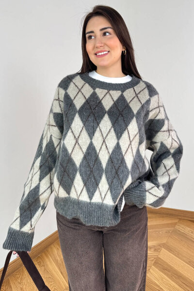 TRK-6223 Gri Baklava Desen Çift Katmanlı Kışlık Triko Kazak - 2