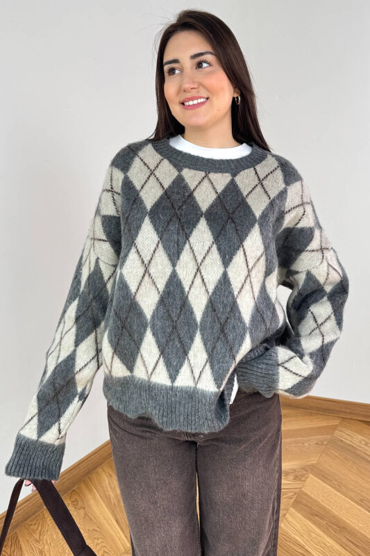 TRK-6223 Gri Baklava Desen Çift Katmanlı Kışlık Triko Kazak - 2