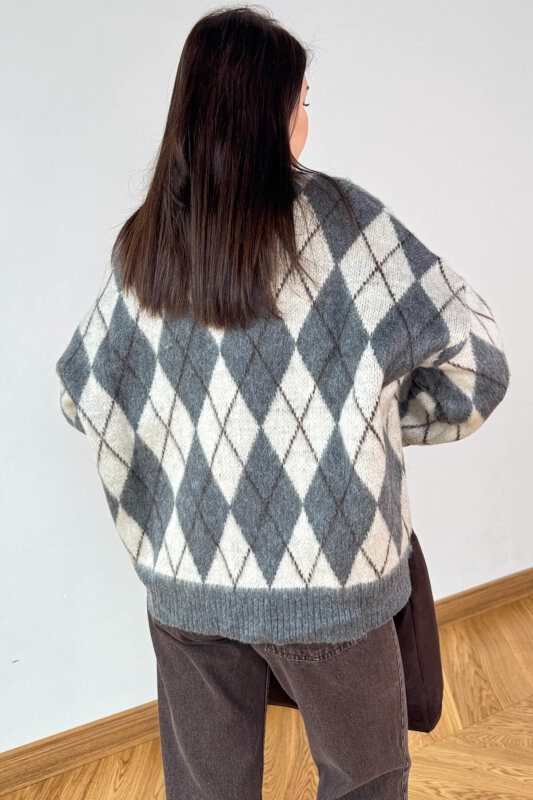 TRK-6223 Gri Baklava Desen Çift Katmanlı Kışlık Triko Kazak - 3