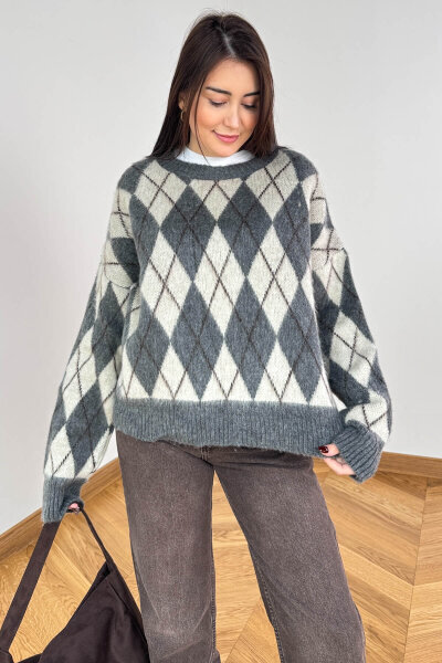 TRK-6223 Gri Baklava Desen Çift Katmanlı Kışlık Triko Kazak - 1