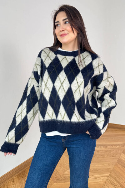 TRK-6223 Lacivert Baklava Desen Çift Katmanlı Kışlık Triko Kazak - 3