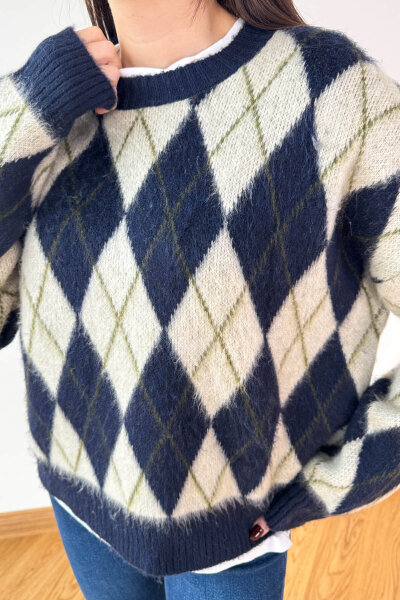 TRK-6223 Lacivert Baklava Desen Çift Katmanlı Kışlık Triko Kazak - 4