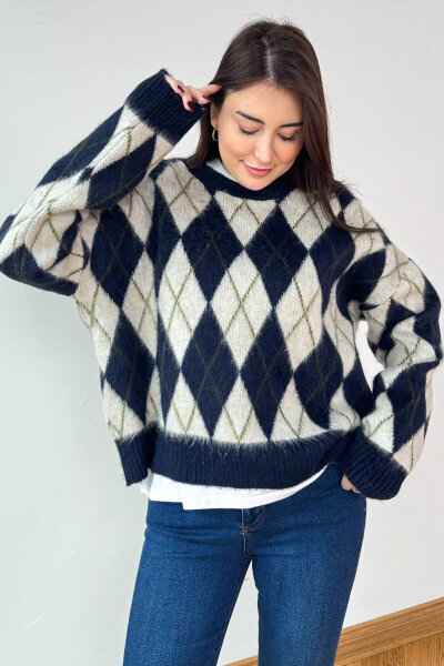 TRK-6223 Lacivert Baklava Desen Çift Katmanlı Kışlık Triko Kazak - 2