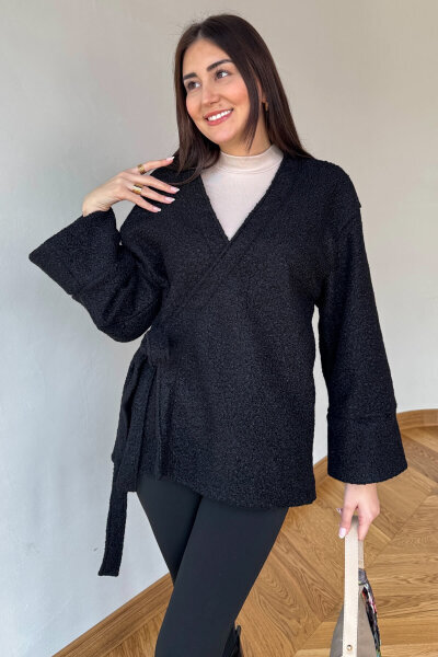 TRK-7012 Siyah Buklet Dokulu Bağlamalı Hırka