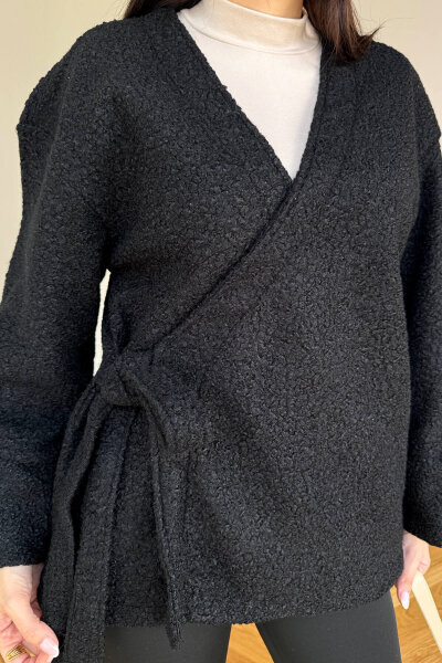 TRK-7012 Siyah Buklet Dokulu Bağlamalı Hırka (1)