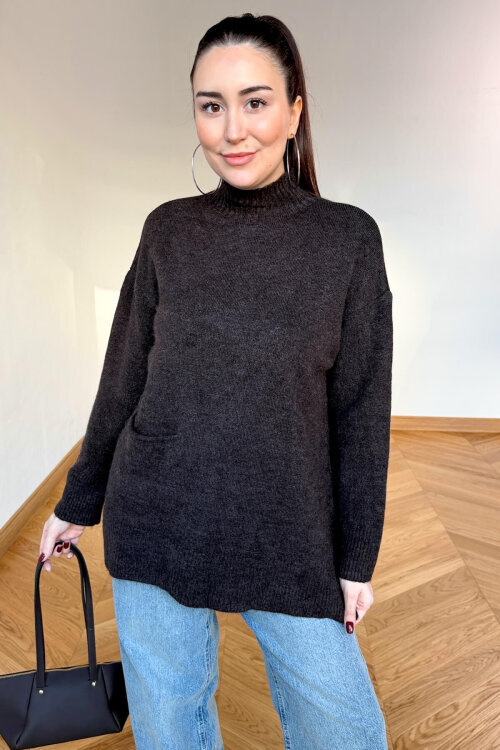 TRK-7061 Acı Kahve Cep Detaylı Yarım Balıkçı Yaka Pamuklu Kazak - 6